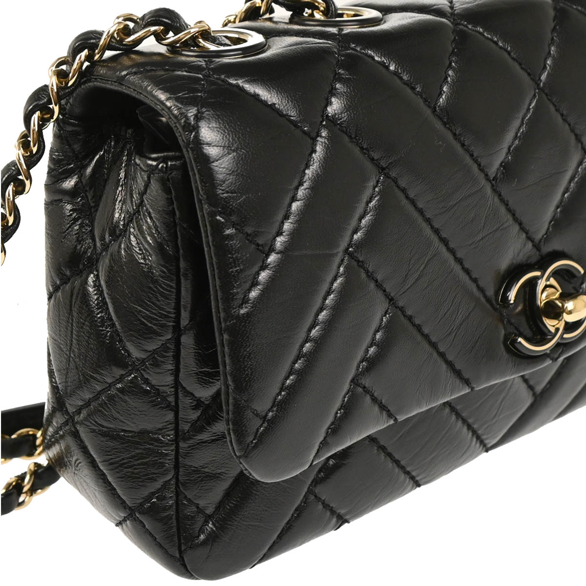 Chanel 2019 Black Lambskin Bias Stitch Straight Flap Shoulder Bag