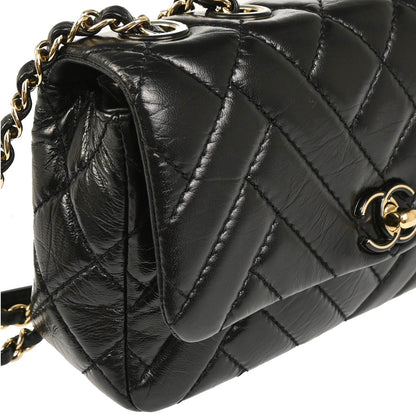 Chanel 2019 Black Lambskin Bias Stitch Straight Flap Shoulder Bag