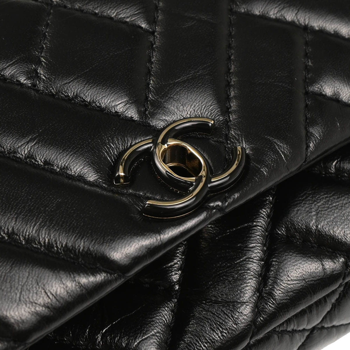 Chanel 2019 Black Lambskin Bias Stitch Straight Flap Shoulder Bag