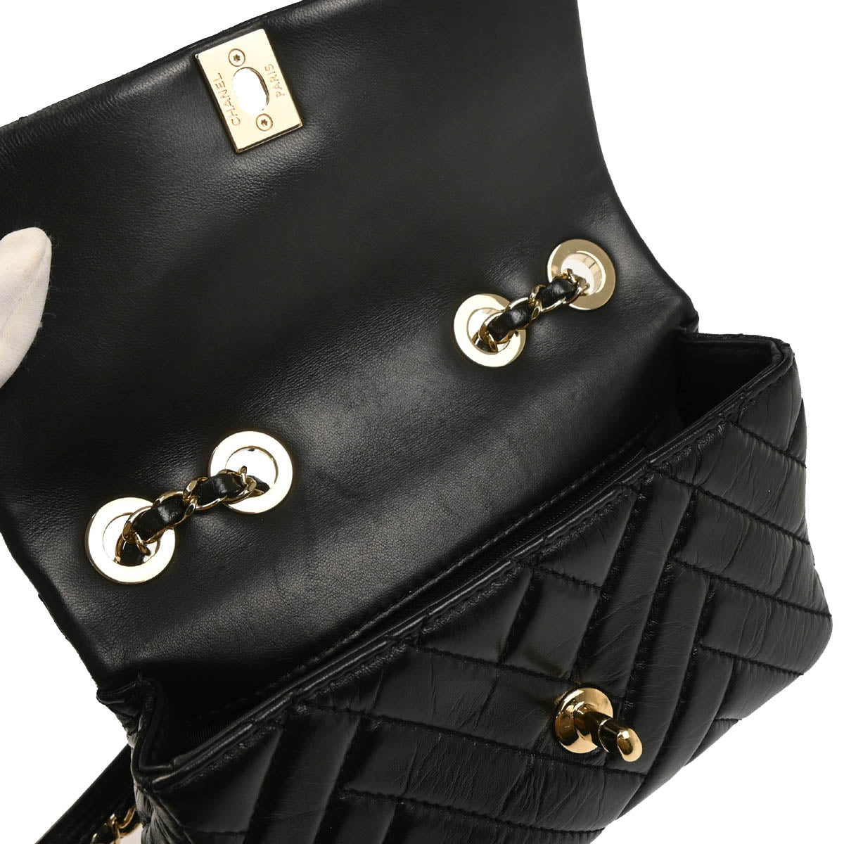 Chanel 2019 Black Lambskin Bias Stitch Straight Flap Shoulder Bag