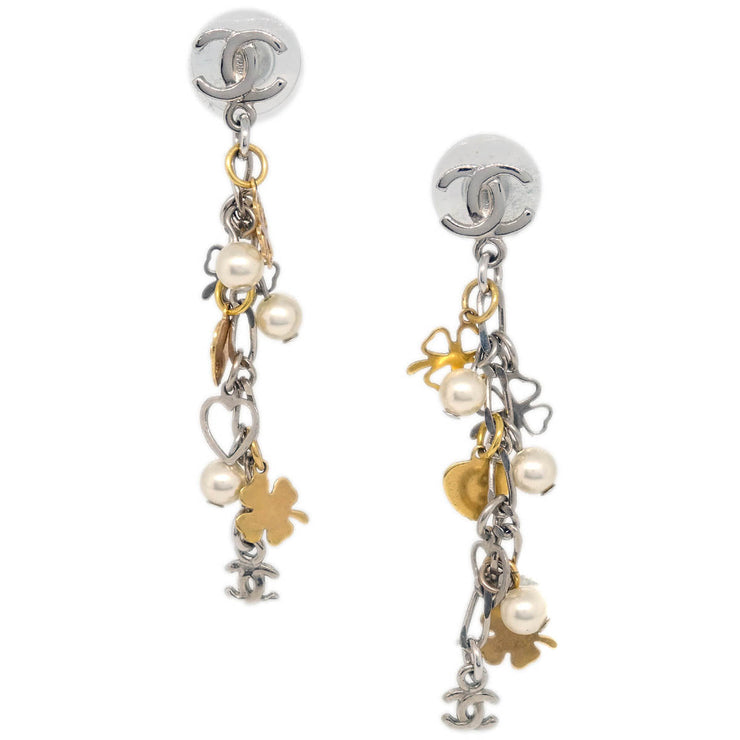 Chanel Silver Dangle Piercing Earrings Costume Pearl 06A