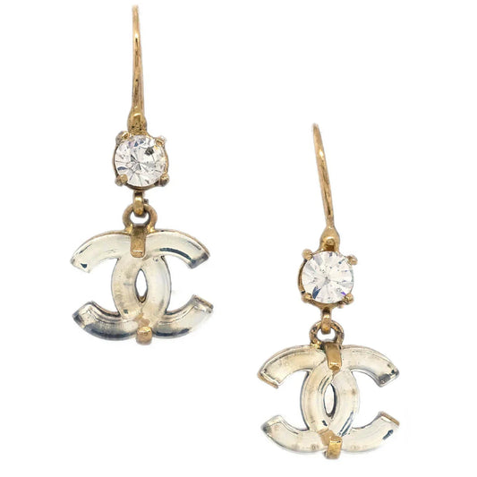 Chanel CC Dangle Piercing Earrings Gold Rhinestone 02A