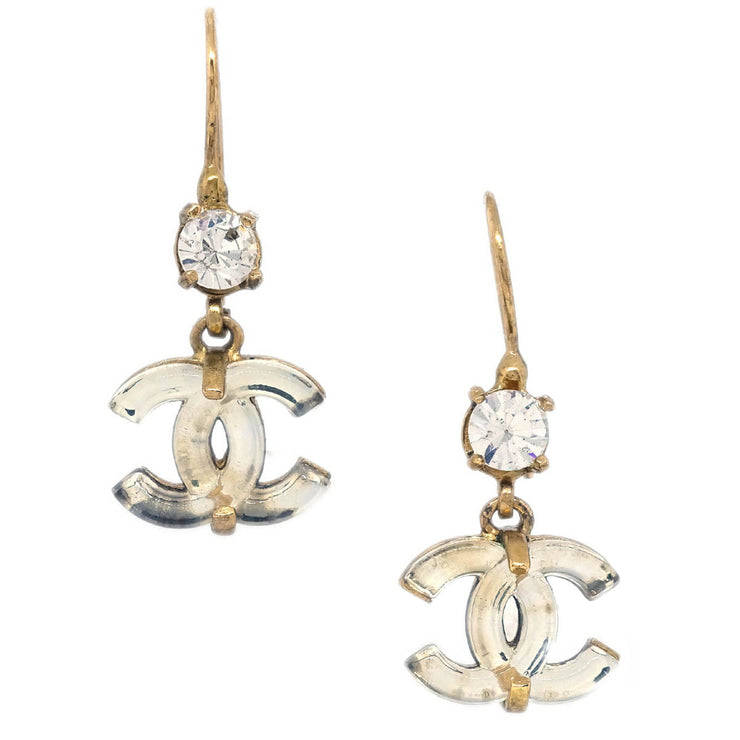 Chanel CC Dangle Piercing Earrings Gold Rhinestone 02A