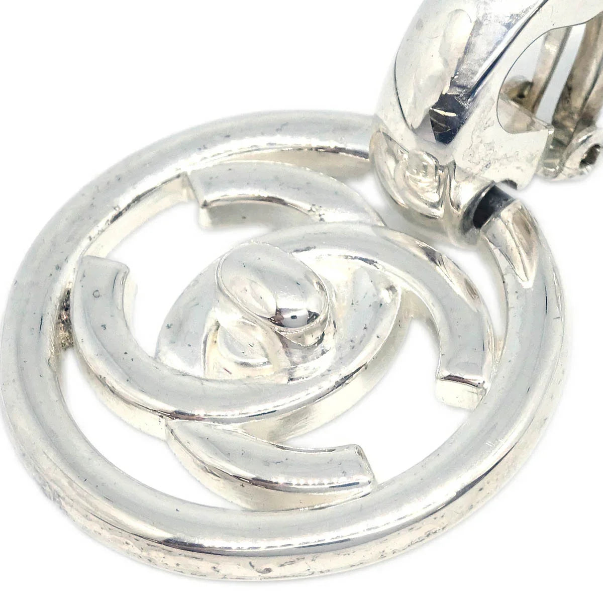 Chanel Hoop Dangle CC Earrings Silver Clip-On 97P