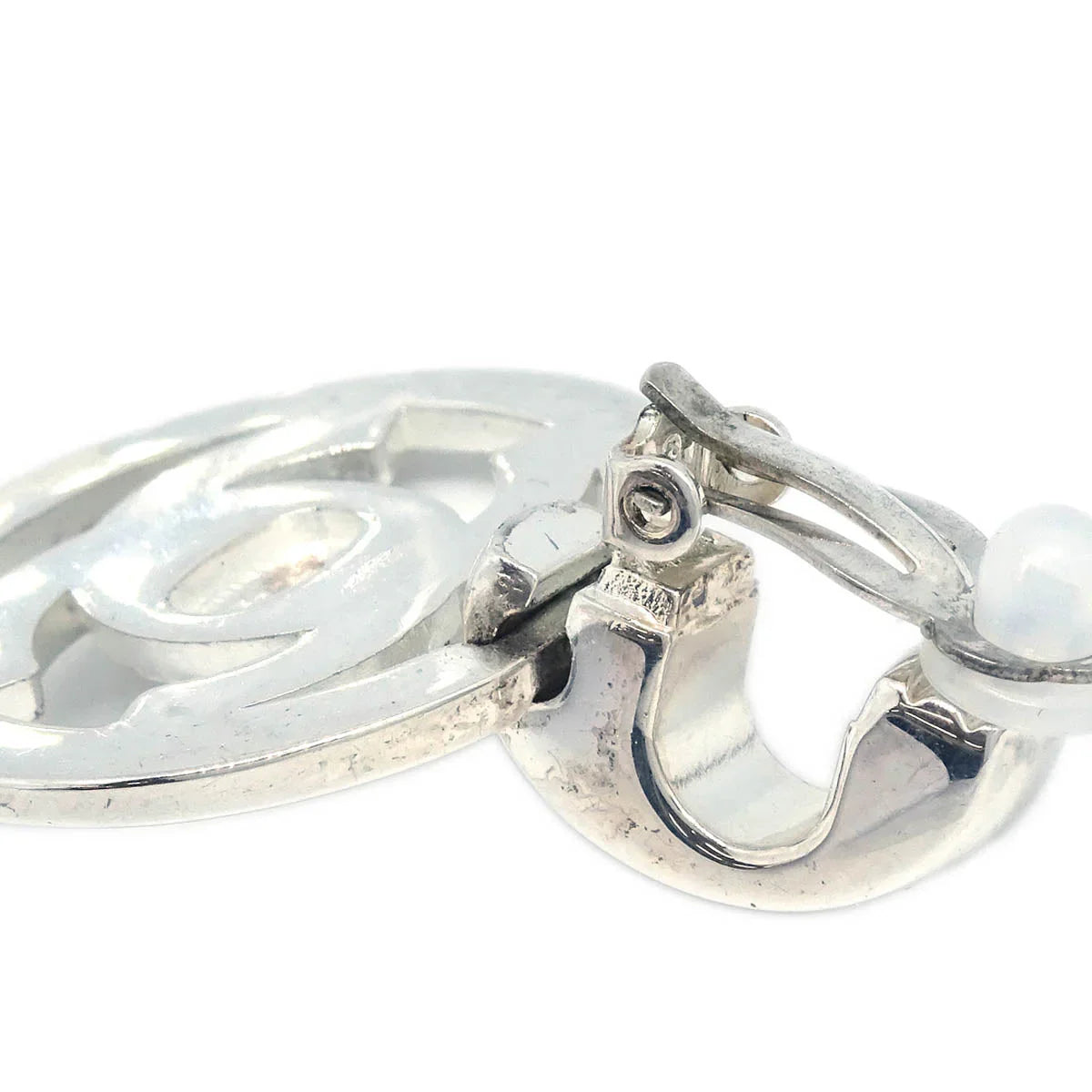Chanel Hoop Dangle CC Earrings Silver Clip-On 97P