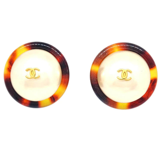 Chanel Earrings Clip-On Button Costume Pearl Gold 97P