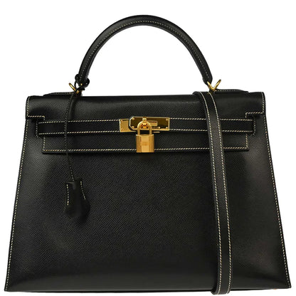 Hermes Black Veau Grain Lisse Kelly 32 Sellier 2way Shoulder Handbag