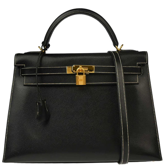 Hermes Black Veau Grain Lisse Kelly 32 Sellier 2way Shoulder Handbag