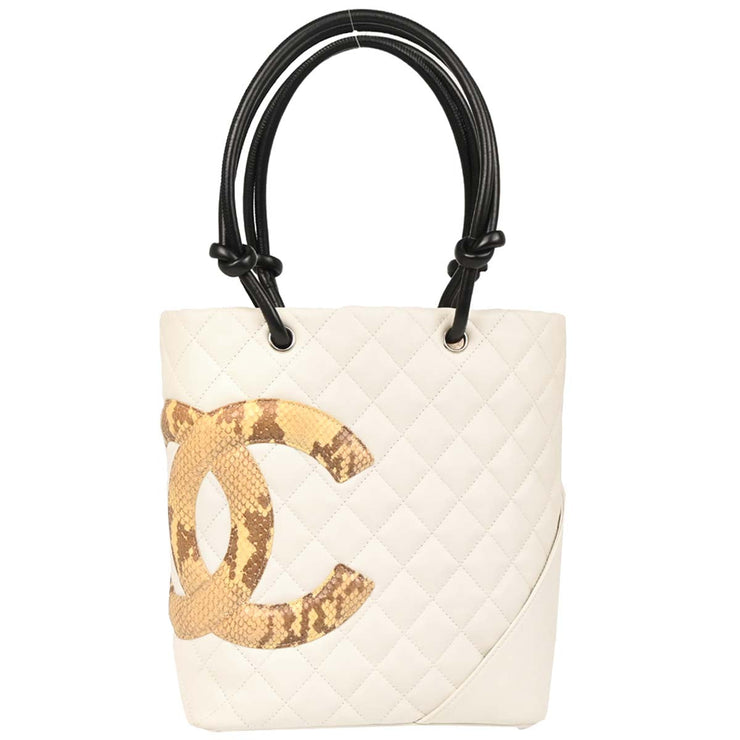 Chanel * White Calfskin Python Cambon Ligne Tote Handbag