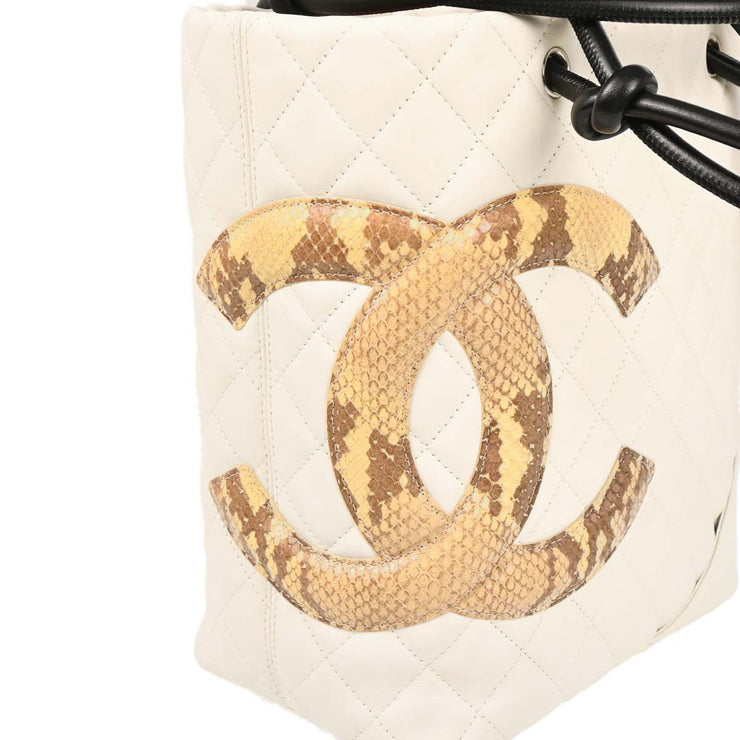 Chanel * White Calfskin Python Cambon Ligne Tote Handbag
