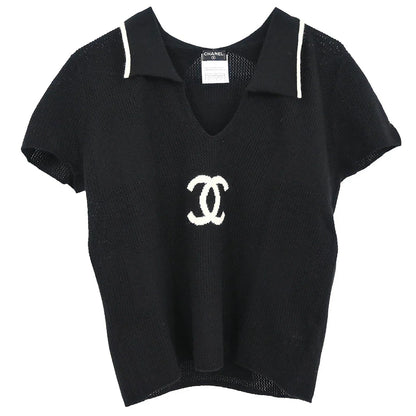 Chanel 2001 Short Sleeve Sweater Knit Top Black #42