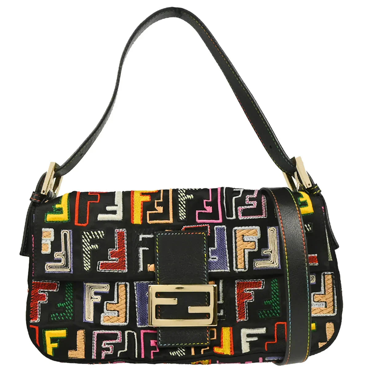 Fendi 2009 Black Satin Zucca Embroidered Baguette Handbag