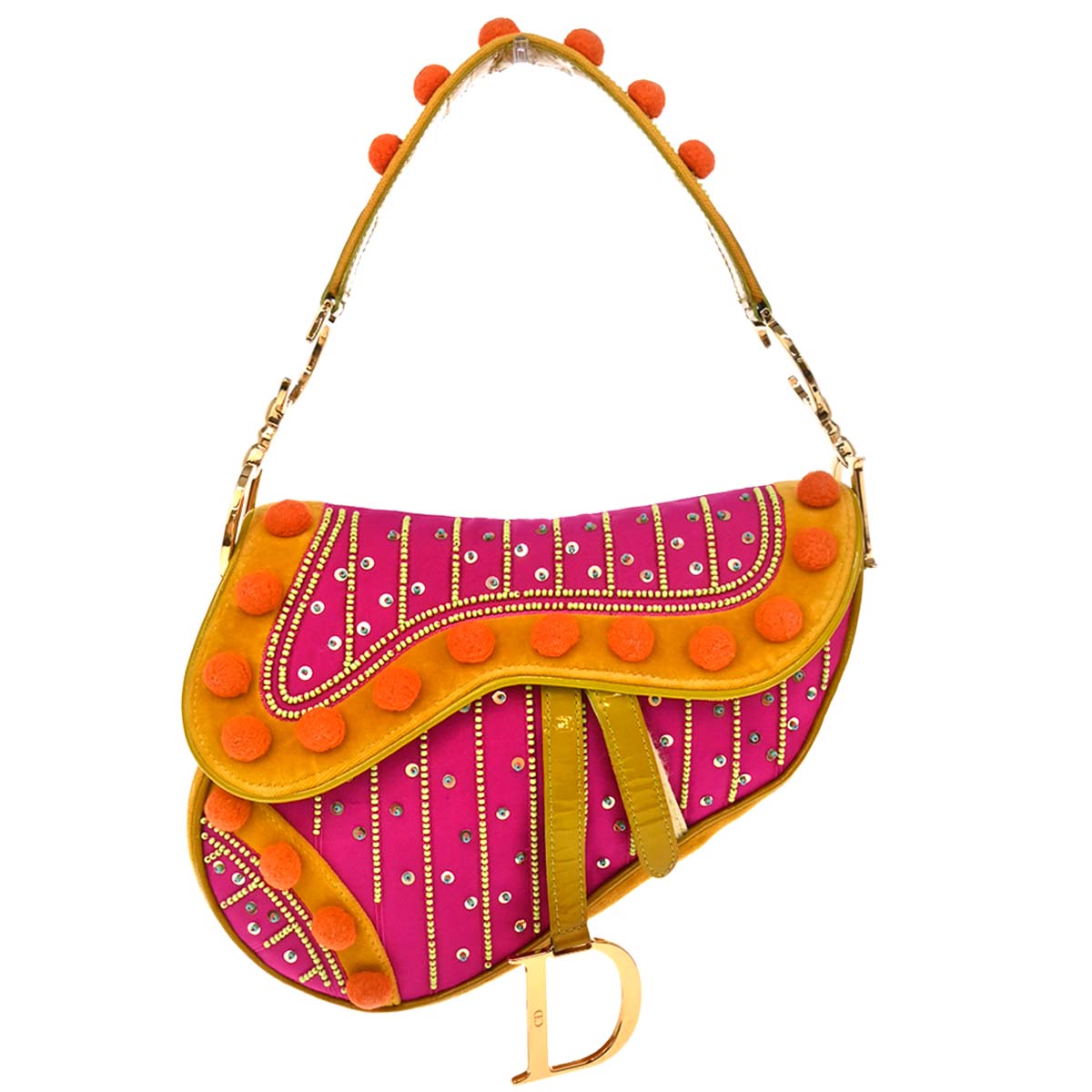 Christian Dior * Pink Satin Velvet Indienne Pom Pom Saddle Handbag