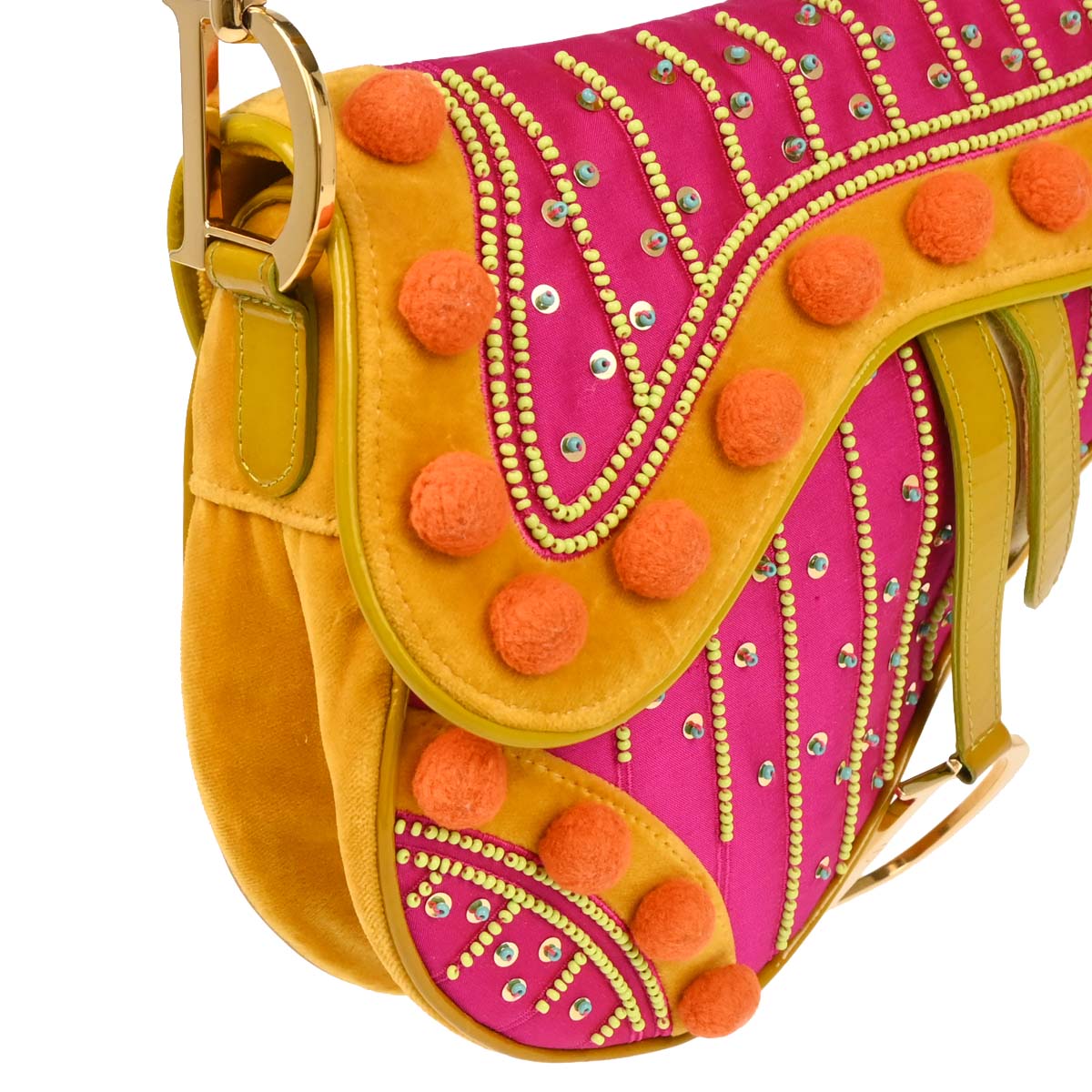 Christian Dior * Pink Satin Velvet Indienne Pom Pom Saddle Handbag