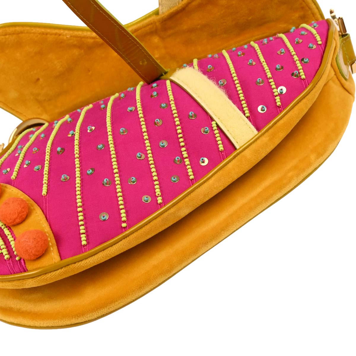 Christian Dior * Pink Satin Velvet Indienne Pom Pom Saddle Handbag