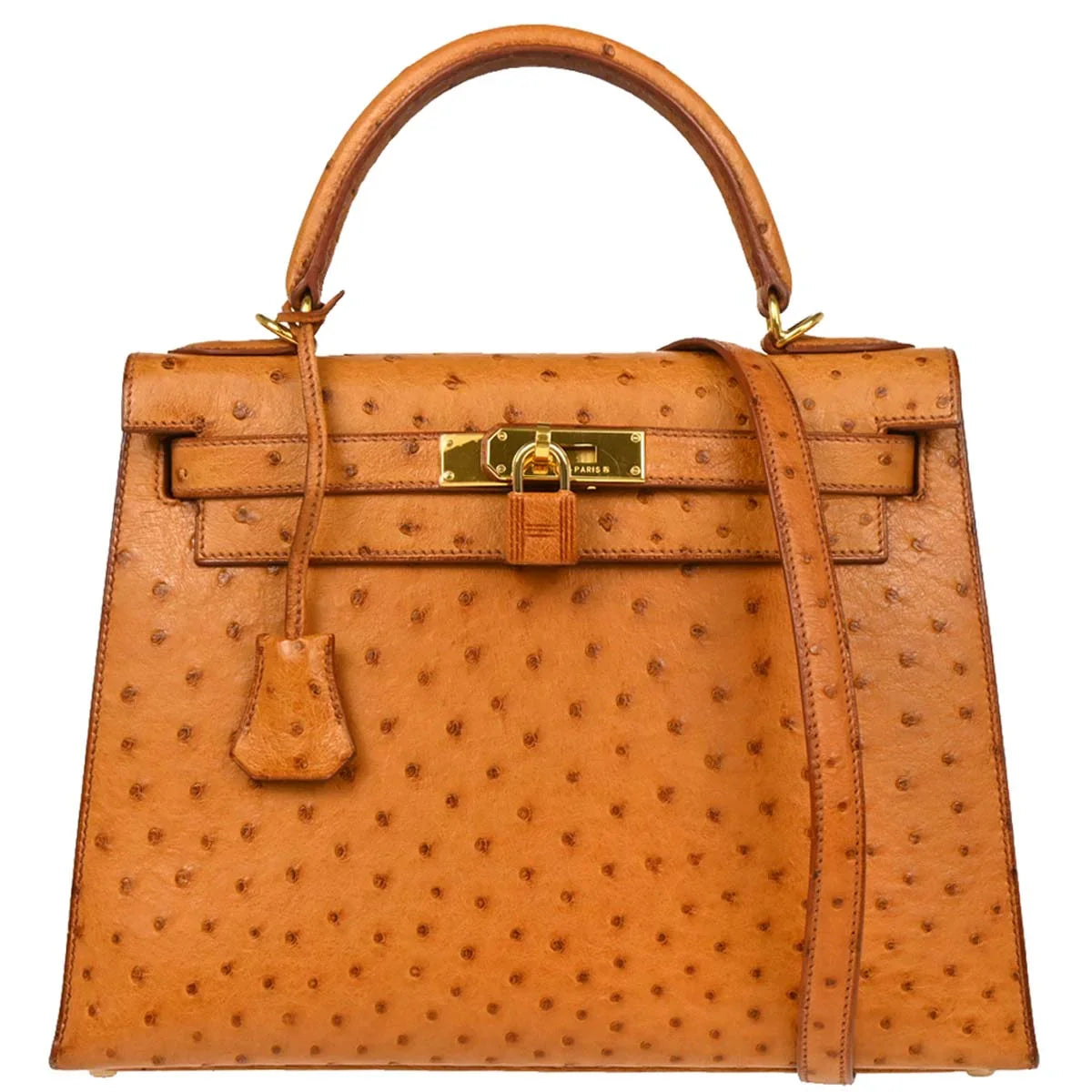 Hermes * Cognac Ostrich Kelly 28 Sellier 2way Shoulder Handbag