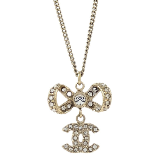 Chanel Gold Chain Pendant Necklace Rhinestone Bow CC B12P