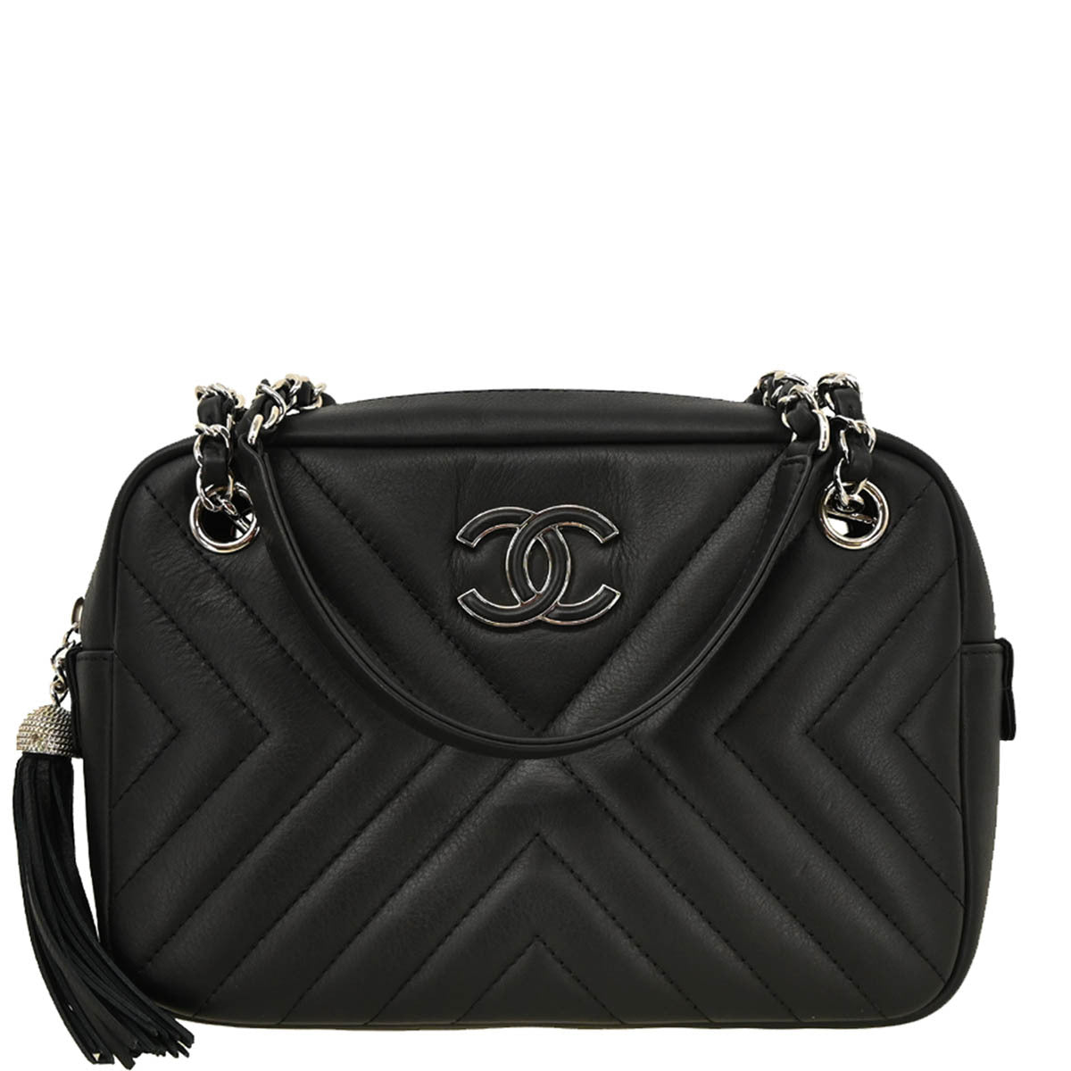 Chanel 2018 Black Lambskin Chevron Camera Bag Small