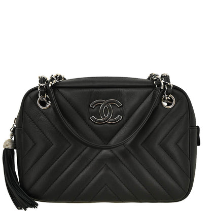 Chanel 2018 Black Lambskin Chevron Camera Bag Small
