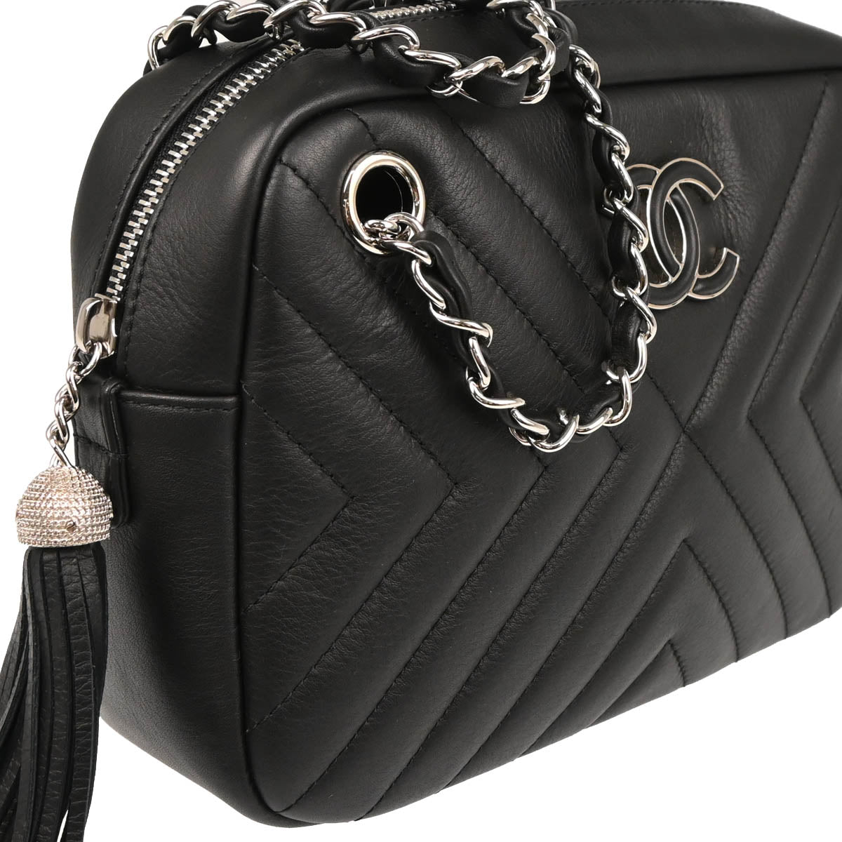 Chanel 2018 Black Lambskin Chevron Camera Bag Small