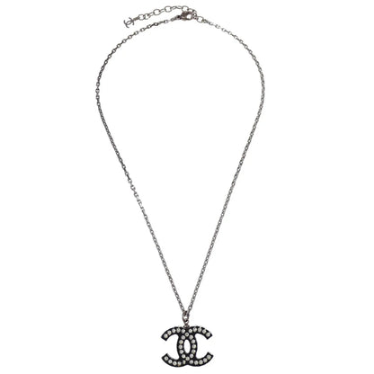Chanel CC Chain Necklace Silver Black Rhinestone 05P