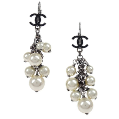 Chanel Dangle Piercing Earrings Costume Pearl CC Silver 07A