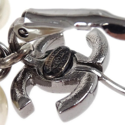 Chanel Dangle Piercing Earrings Costume Pearl CC Silver 07A