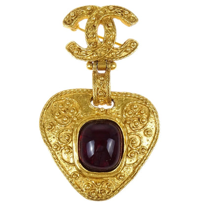 Chanel Gripoix Brooch Pin Heart CC Dangle Gold Red 94A