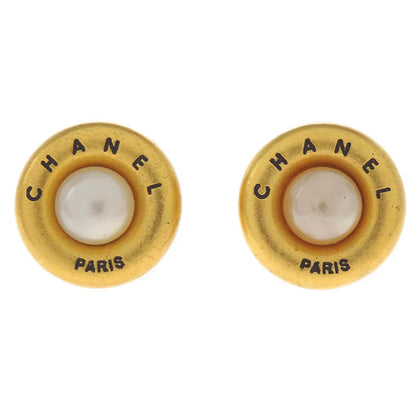 Chanel Earrings Clip-On Button Costume Pearl Gold 94P