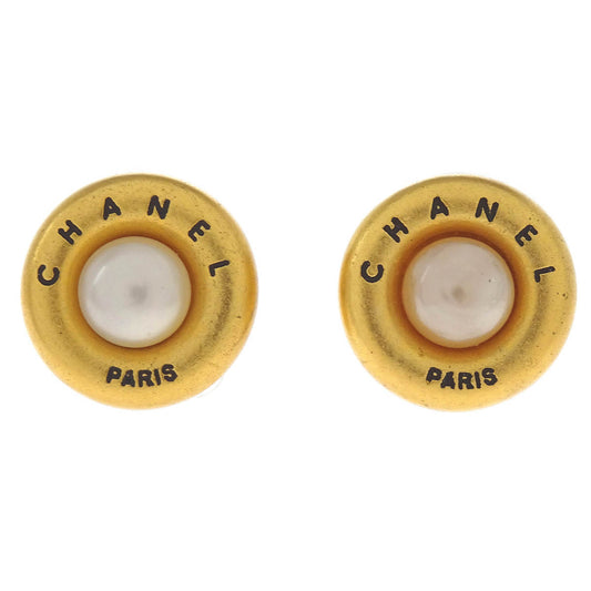 Chanel Earrings Clip-On Button Costume Pearl Gold 94P
