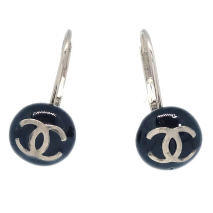 Chanel Button Piercing Earrings Black Silver 03C