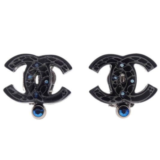 Chanel CC Earrings Clip-On Silver Black Rhinestone 06A