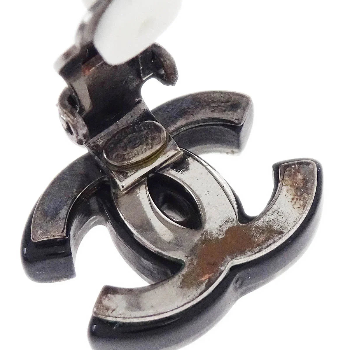 Chanel CC Earrings Clip-On Silver Black Rhinestone 06A