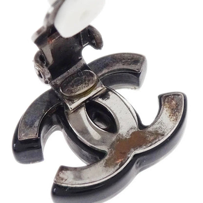 Chanel CC Earrings Clip-On Silver Black Rhinestone 06A