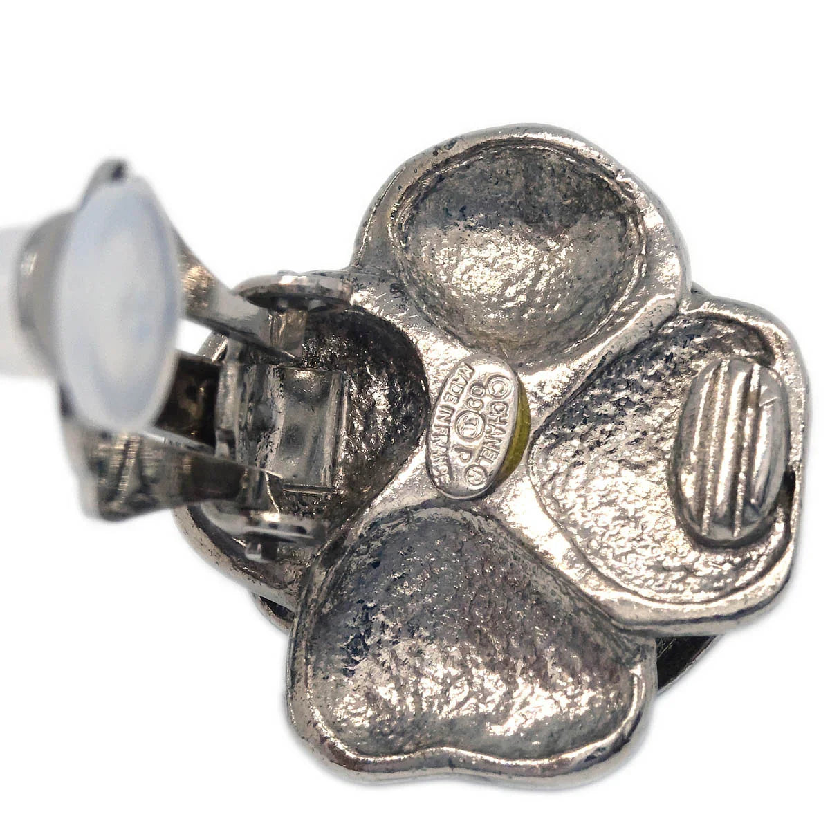 Chanel Camellia Earrings Clip-On Silver Black 09P