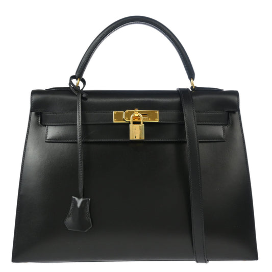Hermes Black Box Calf Kelly 32 Sellier Handbag