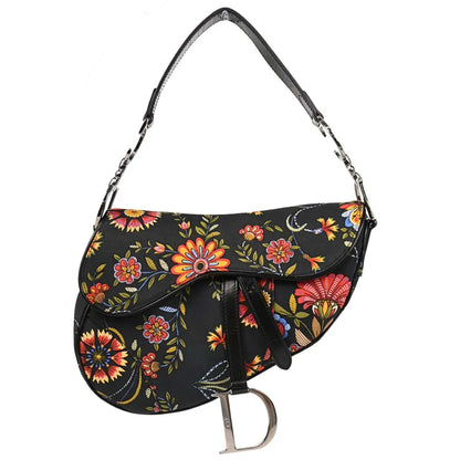 Christian Dior 2002 Black Canvas Floral Saddle Handbag