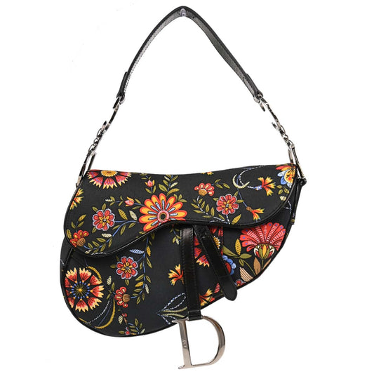 Christian Dior 2002 Black Canvas Floral Saddle Handbag