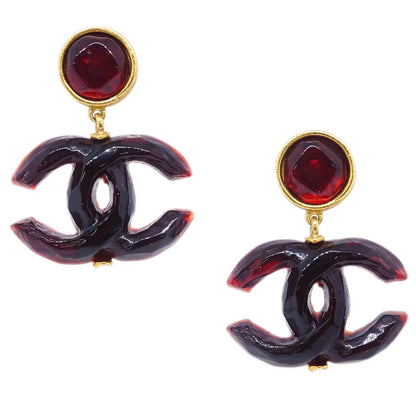 Chanel CC Dangle Earrings Gold Clip-On Red 99P