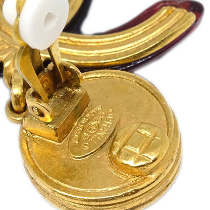 Chanel CC Dangle Earrings Gold Clip-On Red 99P