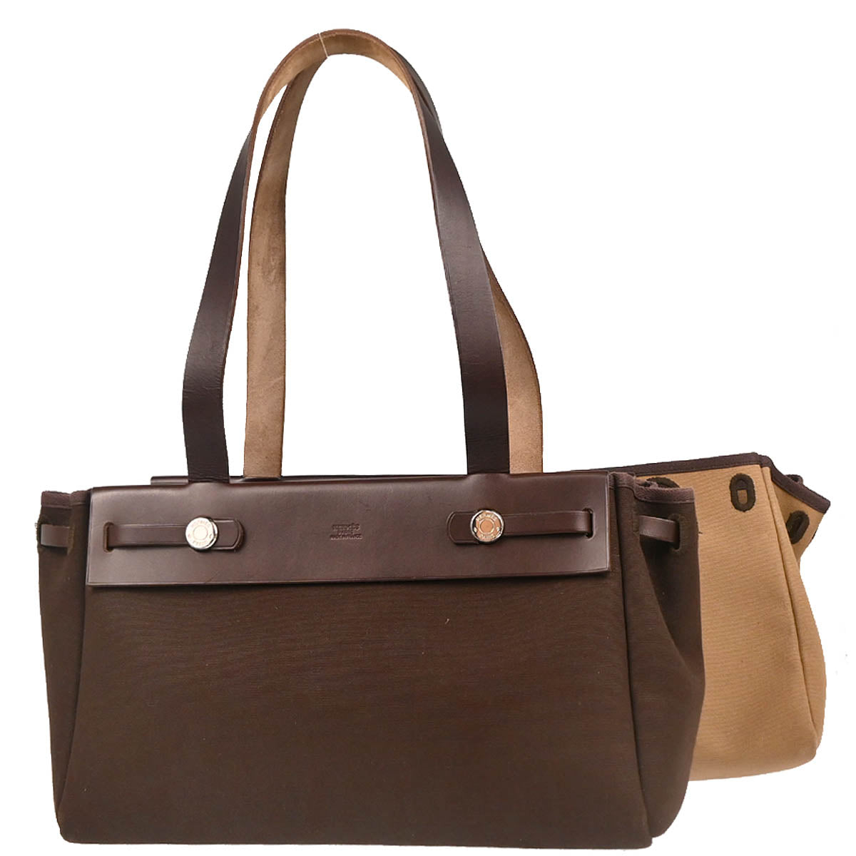 Hermes 2005 Brown Toile Officier Herbag Cabas PM 2 in 1 Tote Bag