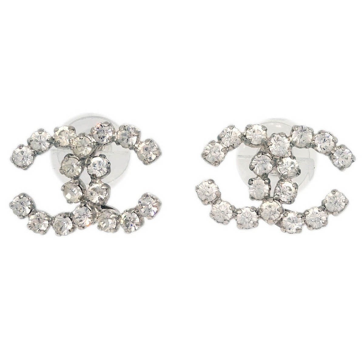 Chanel CC Piercing Earrings Silver Rhinestone 00A
