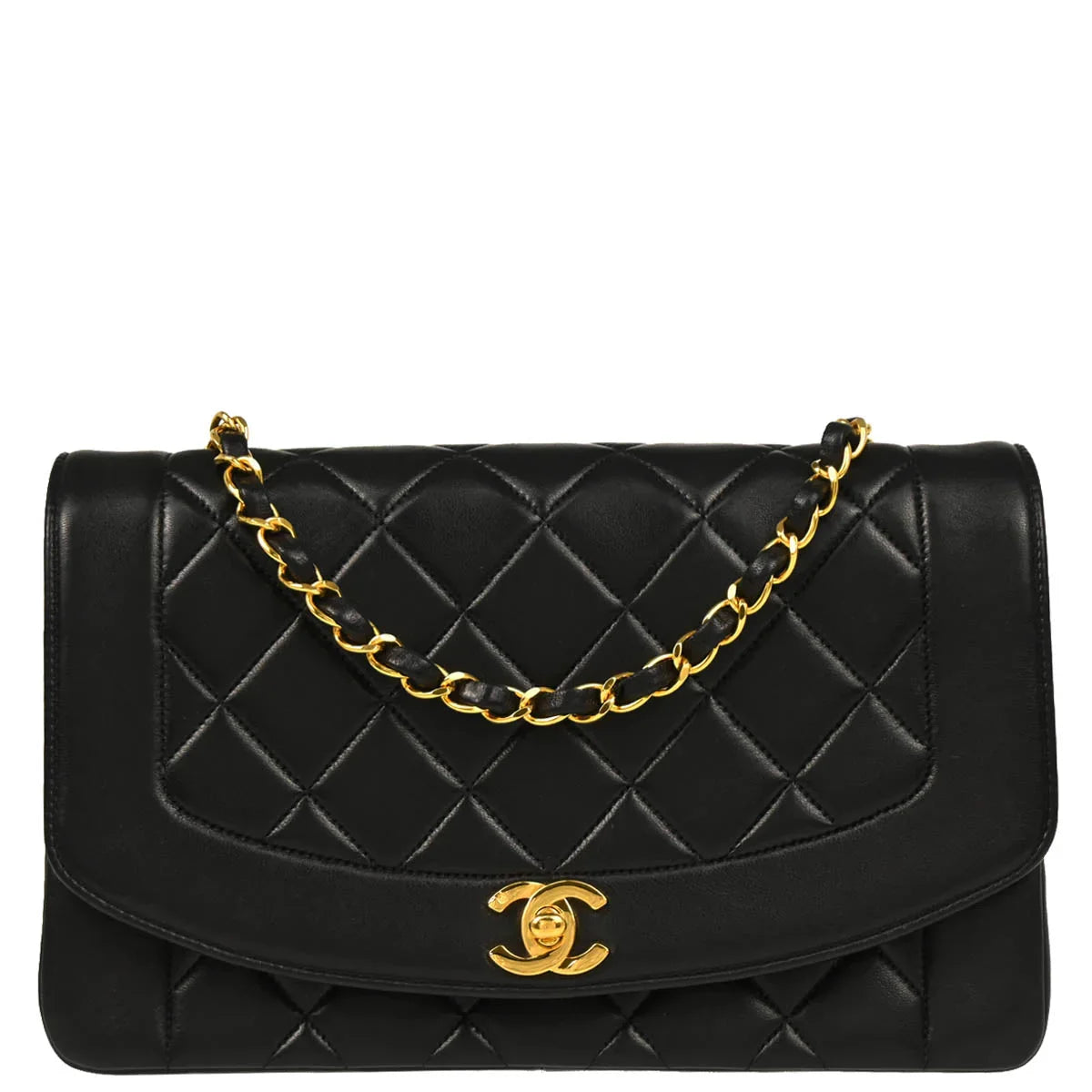 Chanel 1991-1994 Black Lambskin Medium Diana Shoulder Bag