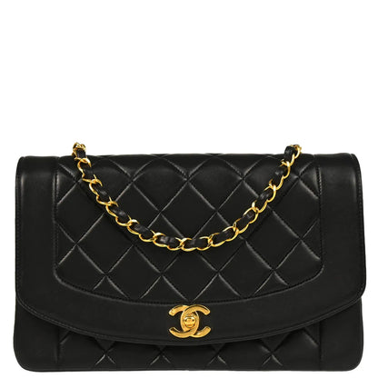 Chanel 1991-1994 Black Lambskin Medium Diana Shoulder Bag