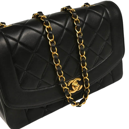 Chanel 1991-1994 Black Lambskin Medium Diana Shoulder Bag