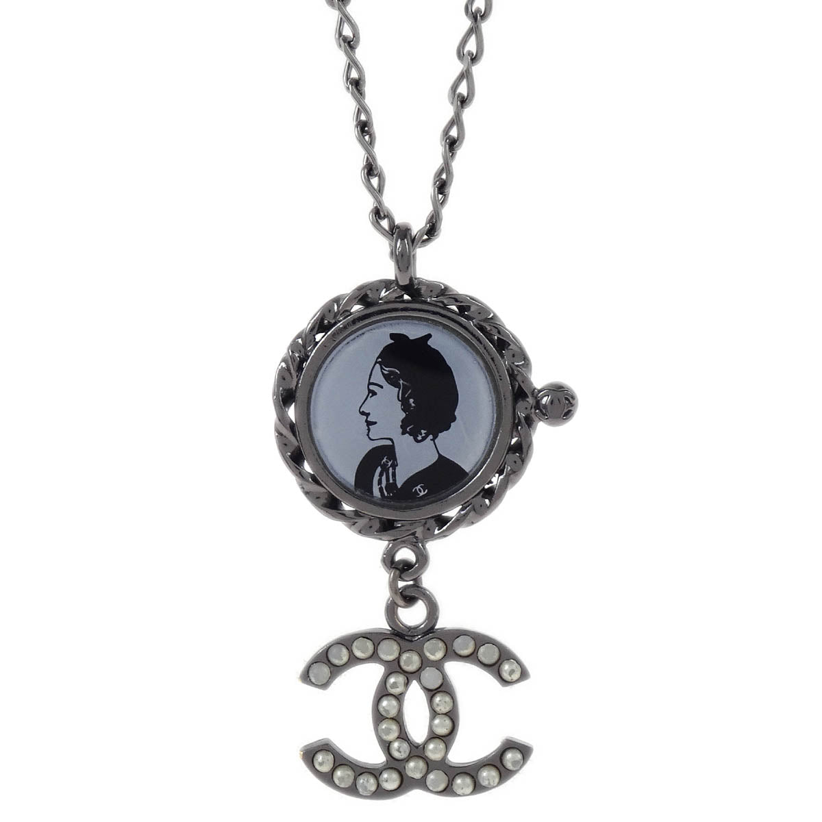 Chanel Mademoiselle CC Chain Pendant Necklace Silver Costume Pearl 03P