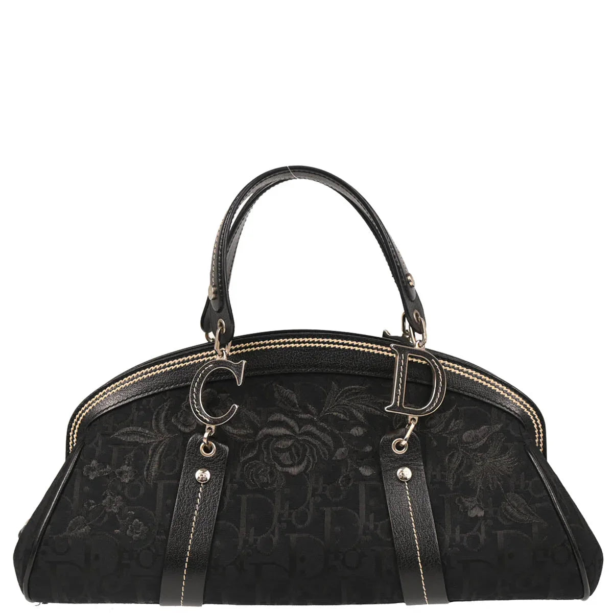 Christian Dior 2005 Black Floral Embroidery Trotter Handbag