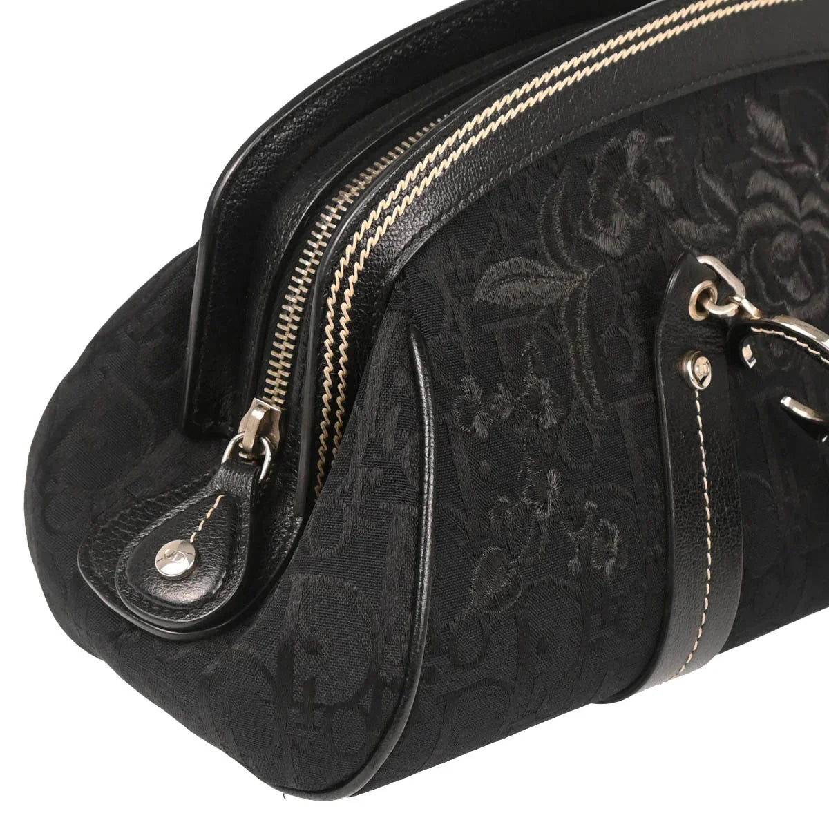 Christian Dior 2005 Black Floral Embroidery Trotter Handbag