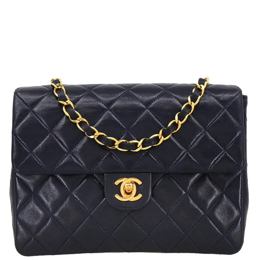 Chanel 1989-1991 Navy Lambskin Classic Square Flap Shoulder Bag