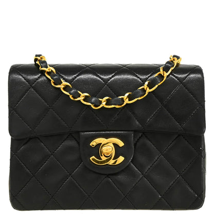 Chanel 1989-1991 Black Lambskin Mini Classic Square Flap Shoulder Bag